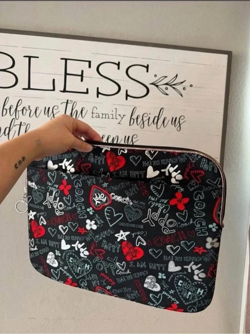 Coach Black Poppy Printed Laptop Sleeve with Red & White Accents